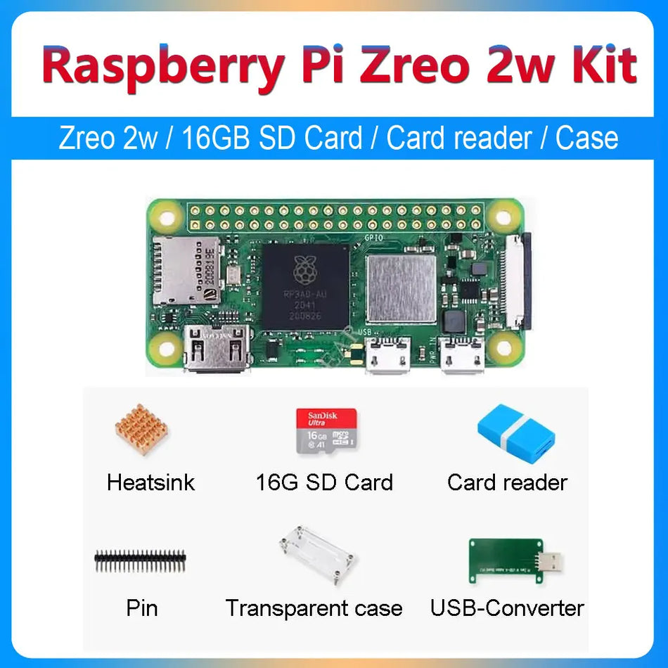 Raspberry Pi Zero 2 W Development Board KIT,WIFI and BT4.1 Heatsink/Case/16GB SD/Card reader/USB-Converter