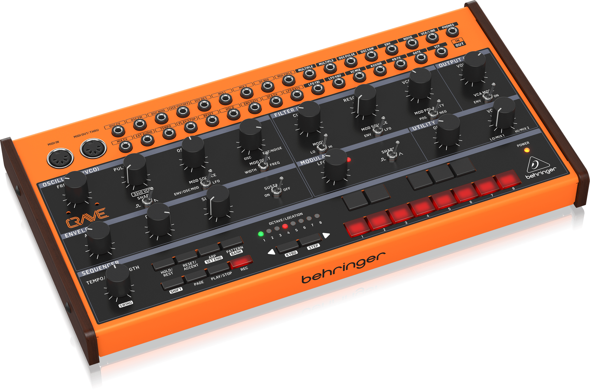 Analog Semi-Modular Synthesizer with 3340 VCO, Classic Ladder Filter, 32-Step Sequencer and 16-Voice Poly Chain
