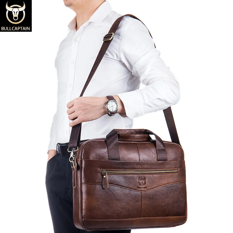 Mens Genuine Leather Briefcase Shoulder Bag for 14" Laptops