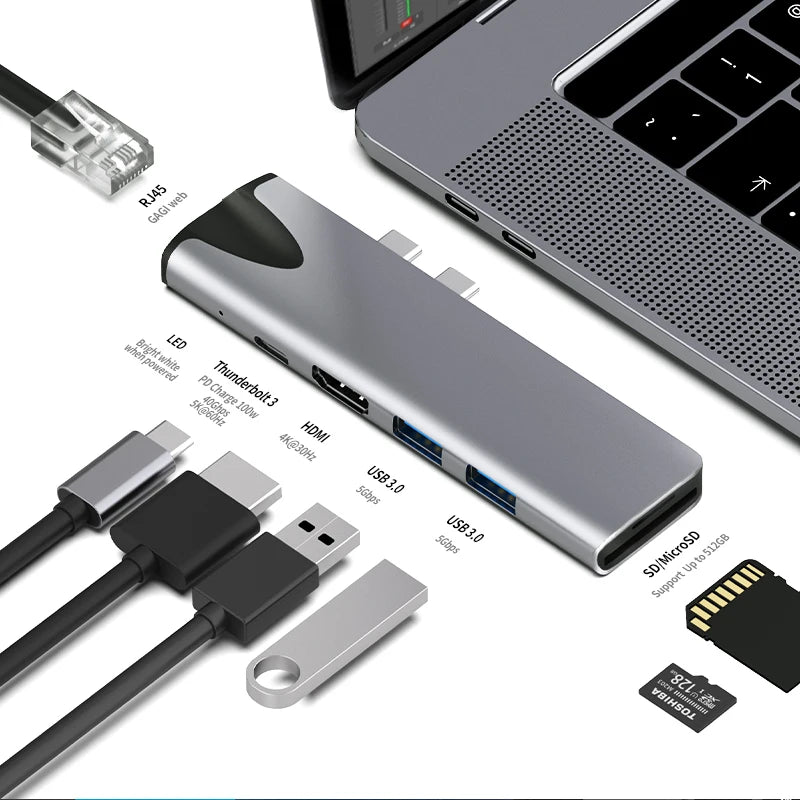 USB 3.1 Type-C Hub Adapter with HDMI 4K, RJ45, SD/TF Reader for MacBook Pro/Air
