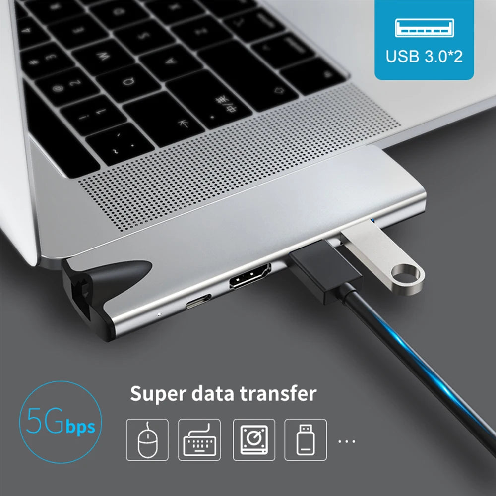 USB 3.1 Type-C Hub Adapter with HDMI 4K, RJ45, SD/TF Reader for MacBook Pro/Air
