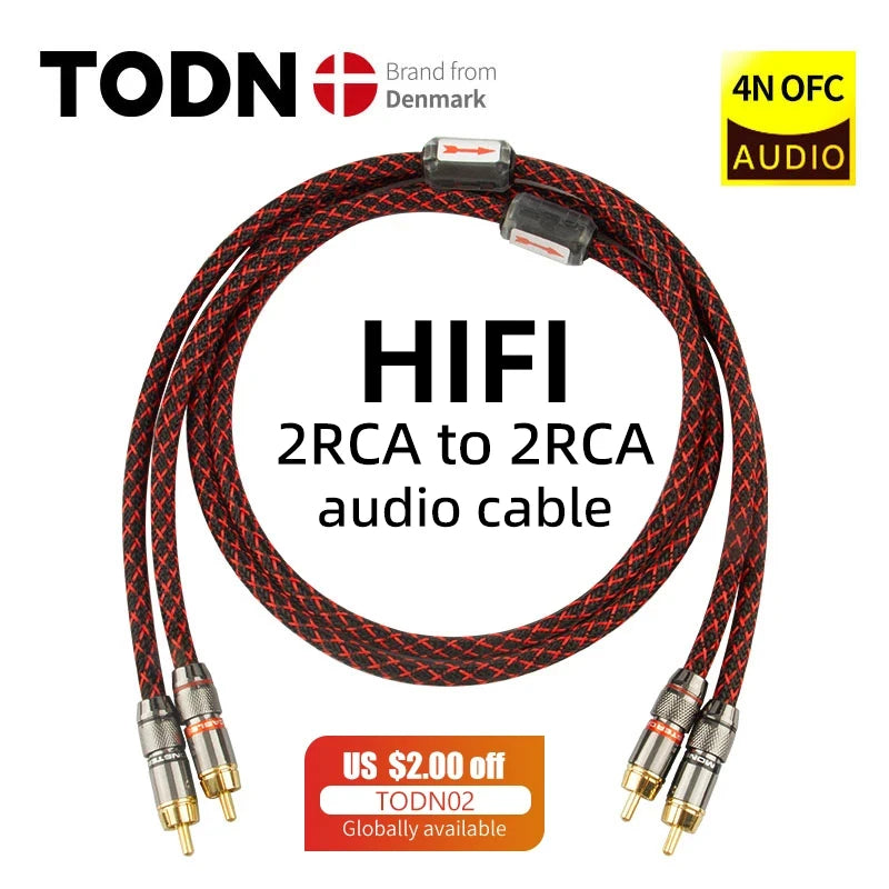 TODN 1 pair RCA audio cable 2 RCA to 2 RCA Interconnect Cables HIFI Stereo 4N OFC Male to Male For Amplifier DAC TV car audio