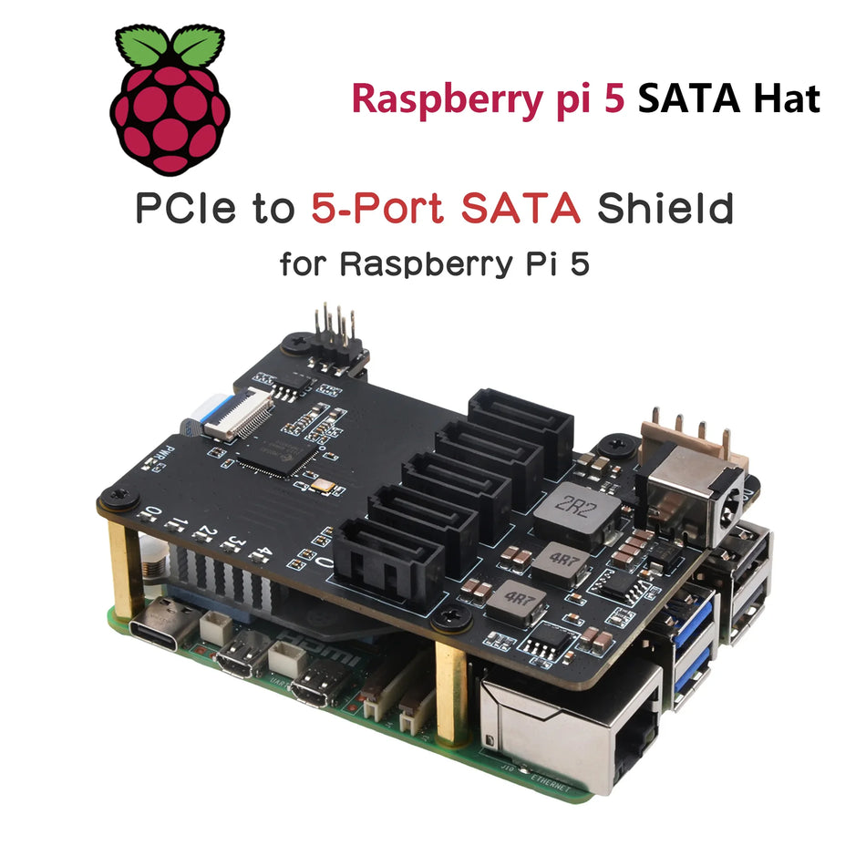 Raspberry Pi 5 X1009 PCIe to 5-Port SATA Shield SATA HAT Expansion Board (NOT Support Boot from HDD/SSD)