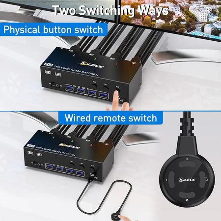 2024 HDMI USB 3.0 KVM Switch for 3 Monitors & 3 PCs with 4 USB Ports
