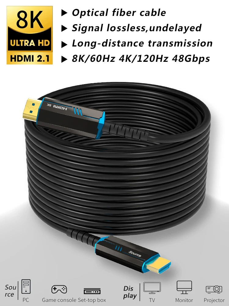 8K 60Hz HDMI 2.1 Fiber Optical Cable  4K 120Hz  Ultra High Speed 48Gbps HDR eARC 3D HDCP 10M 15M 20M 30M 50M   For TV Projector