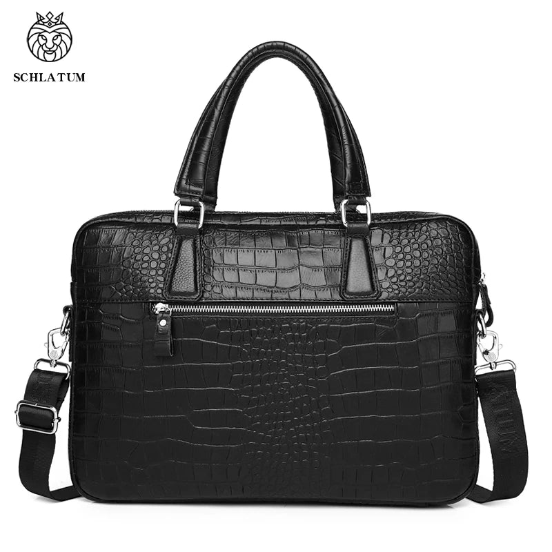 Luxury Black Leather Crocodile Grain Briefcase for 15.6" Laptops