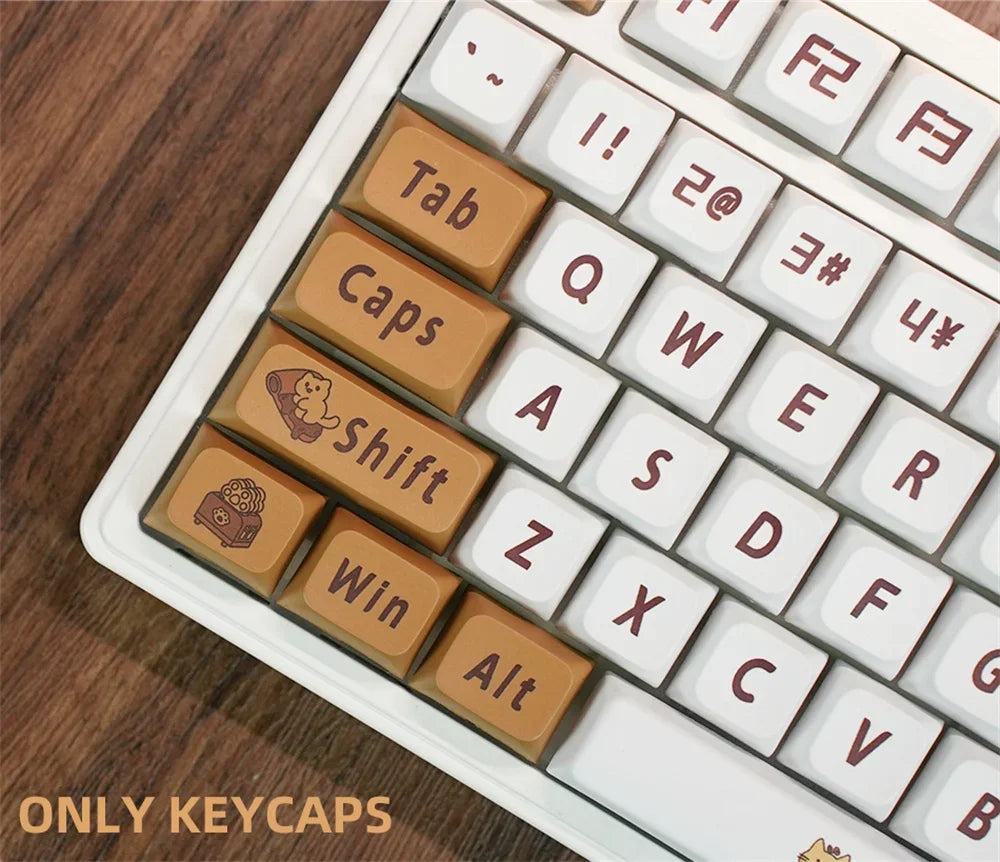 129 Keys Cute Coffee Cat Theme PBT Keycap DYE-SUB XDA Profile Customized Keycaps For Cherry MX Switch Gamer Mechanical Keyboards
