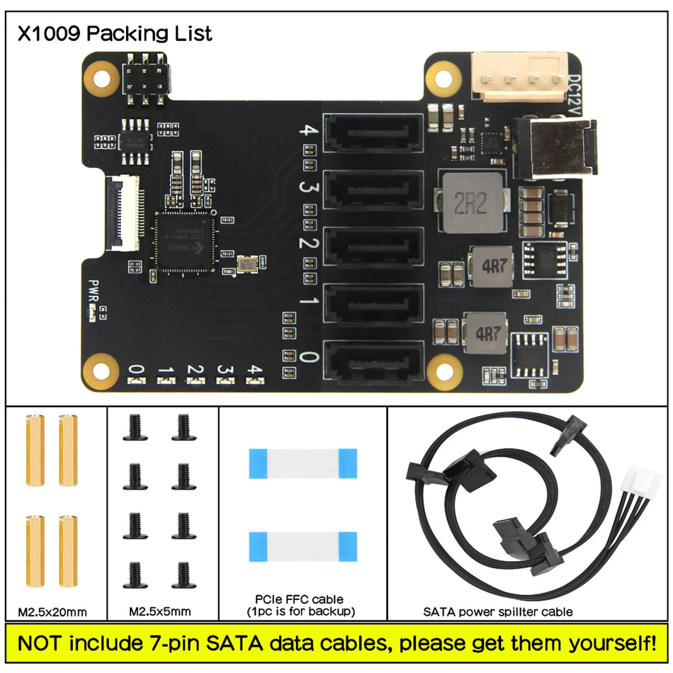 Raspberry Pi 5 X1009 PCIe to 5-Port SATA Shield SATA HAT Expansion Board (NOT Support Boot from HDD/SSD)