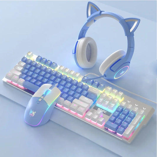 New White-Blue Double Spelling Wired Blue Switch Brown Switch 104 Key Mechanical Keyboard Mouse Headset Set For Laptop Desktop