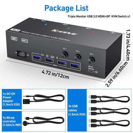 2024 HDMI USB 3.0 KVM Switch for 3 Monitors & 3 PCs with 4 USB Ports
