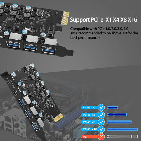 Expansion Card - 5Gbps USB 3.2, PCI-E Card Hub with USB-C & USB 3.0 Ports
