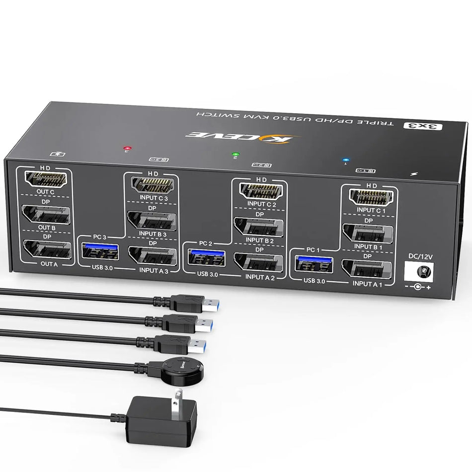 2024 HDMI USB 3.0 KVM Switch for 3 Monitors & 3 PCs with 4 USB Ports
