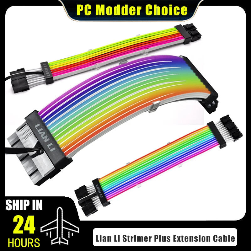 Lian Li Strimer Plus V1 Extension Cord Addressable RGB 24Pin ATX Power Cable GPU Triple 8Pin Silicone Rainbow Light Guide
