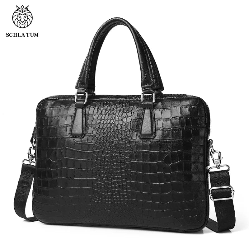 Luxury Black Leather Crocodile Grain Briefcase for 15.6" Laptops