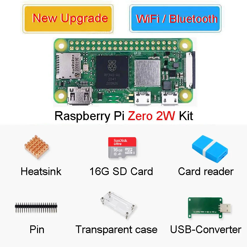 Raspberry Pi Zero 2 W Development Board KIT,WIFI and BT4.1 Heatsink/Case/16GB SD/Card reader/USB-Converter