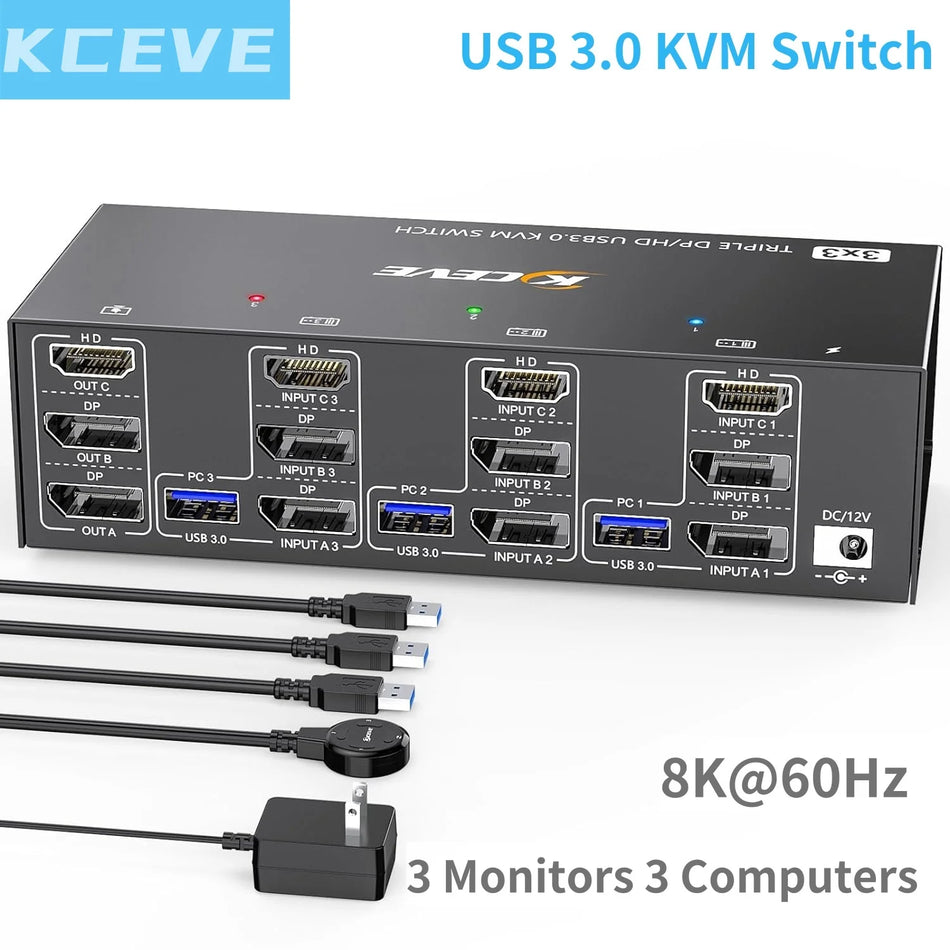 2024 HDMI USB 3.0 KVM Switch for 3 Monitors & 3 PCs with 4 USB Ports
