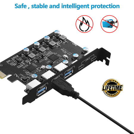 Expansion Card - 5Gbps USB 3.2, PCI-E Card Hub with USB-C & USB 3.0 Ports
