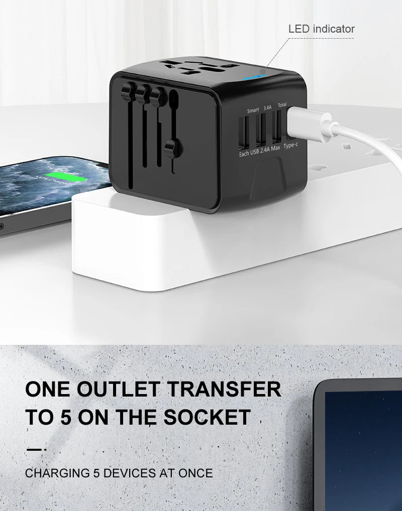 International Travel Adapter with 3 USB & Type-C Fast Charging Plugs
