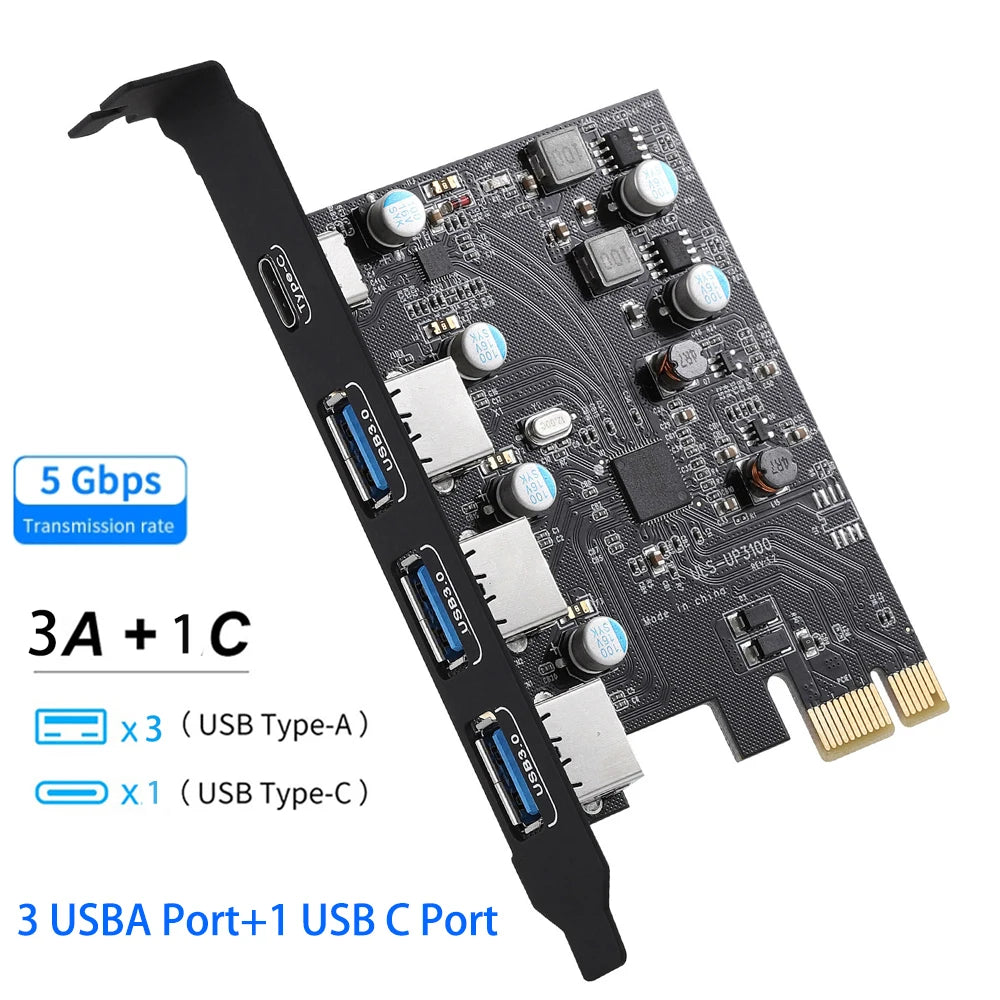 Expansion Card - 5Gbps USB 3.2, PCI-E Card Hub with USB-C & USB 3.0 Ports
