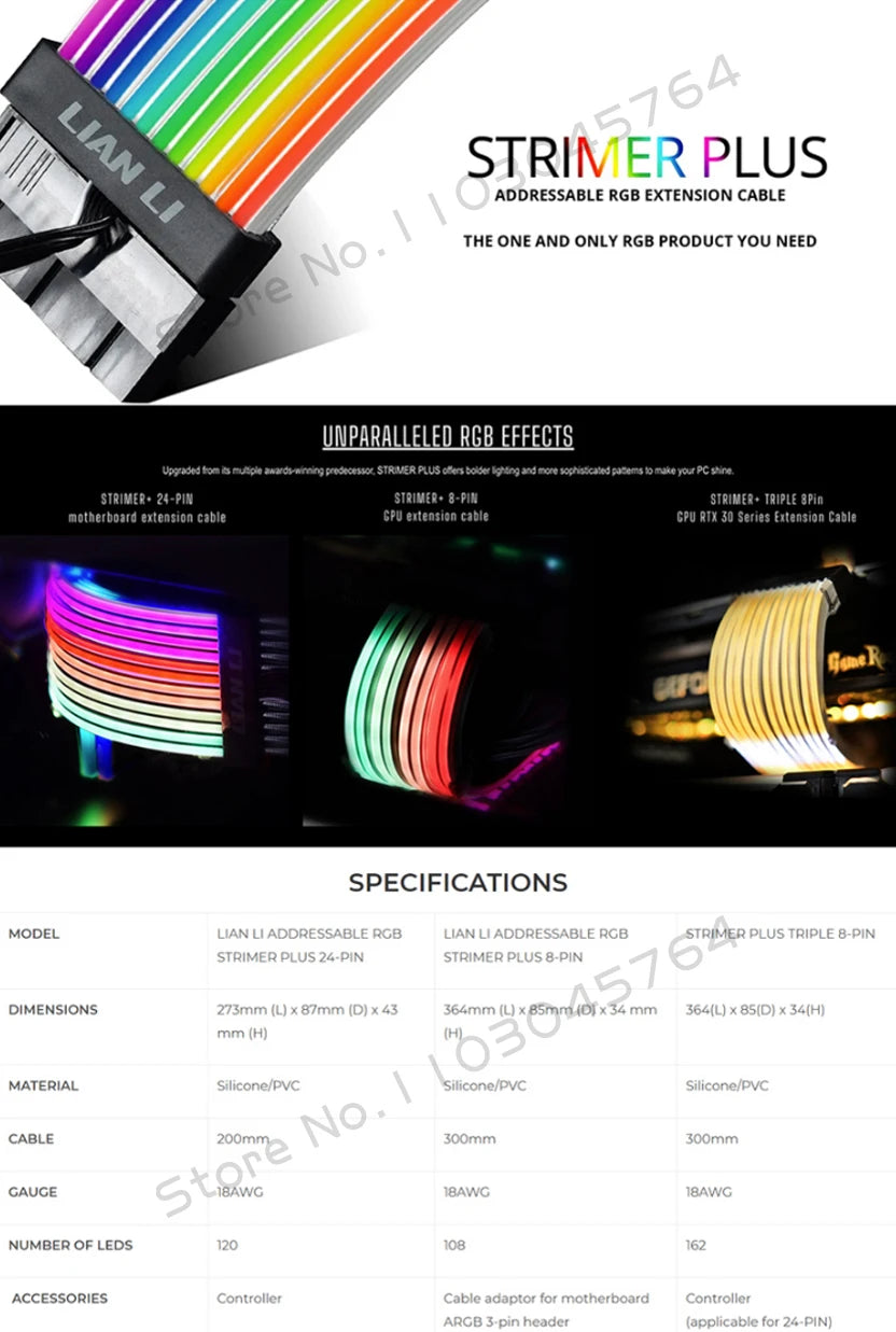 Lian Li Strimer Plus V1 Extension Cord Addressable RGB 24Pin ATX Power Cable GPU Triple 8Pin Silicone Rainbow Light Guide
