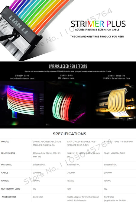 Lian Li Strimer Plus V1 Extension Cord Addressable RGB 24Pin ATX Power Cable GPU Triple 8Pin Silicone Rainbow Light Guide
