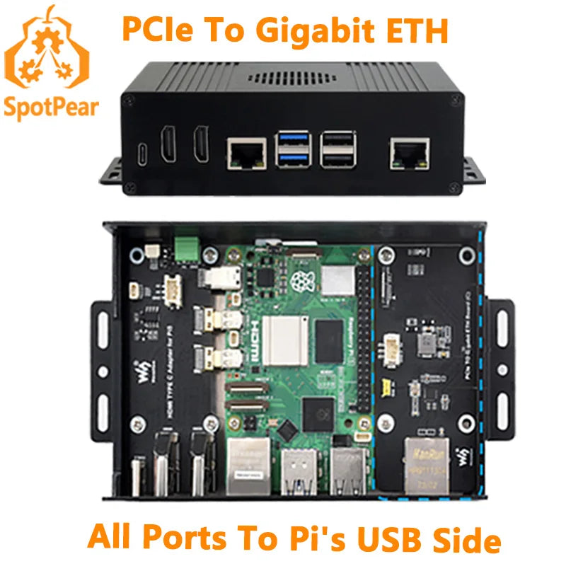 Raspberry Pi 5 Box Case Ki-A PCIe to RJ45 Gigabit Ethernet All Ports To Pi's USB Side